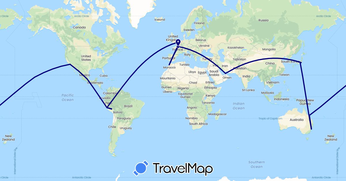 TravelMap itinerary: driving in United Arab Emirates, Australia, Spain, France, Japan, Morocco, Mexico, Netherlands, Peru, United States (Africa, Asia, Europe, North America, Oceania, South America)